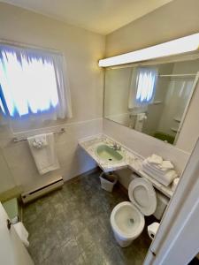 a bathroom with a toilet and a sink and a mirror at Adams Motel in Sault Ste. Marie +35 photos