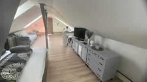 Televízia a/alebo spoločenská miestnosť v ubytovaní Borostyán Apartmanház