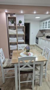 a dining room with a table and chairs in a kitchen at Apartmani Tiski Labud in Bečej