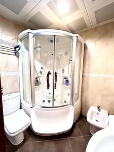 a small bathroom with a shower and a toilet at Beach Bliss Apartment in Pržno +12 photos