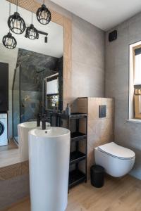 a bathroom with a sink and a toilet and a mirror at Wierchowe Zacisze in Bukowina Tatrzańska