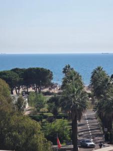 a view of a park with palm trees and the ocean at Royal Seaview Apartment in Durrës +6 photos