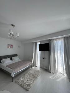 a bedroom with a bed and a television and a rug at Studio K Central - New building & private parking in Bucharest