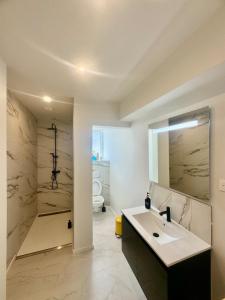a bathroom with a sink and a large mirror at Comfort Jacuzzi New Apartment in Nilvange in Nilvange +28 photos