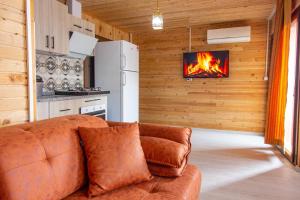 sala de estar con sofá y chimenea en la pared en Gul Pension, en Faralya