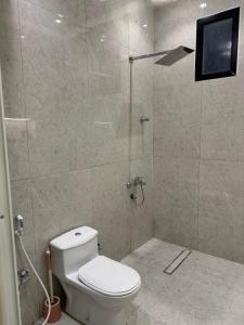 a bathroom with a shower with a toilet and a television at شقق الدانة وصول ذاتي in Hafr Al Baten +4 photos