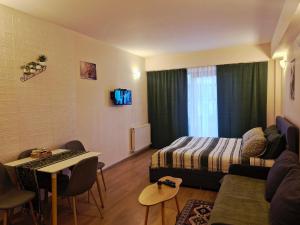 a hotel room with a bed and a living room at Apartment Spartak in Gudauri