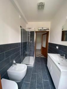 a bathroom with a sink and a toilet and a shower at La Corte dei Lillà in Castiglione dei Pepoli