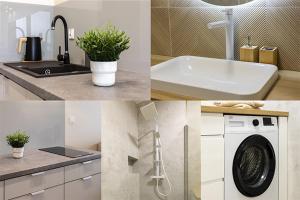 a collage of pictures of a kitchen with a washing machine at Apartament Deluxe Chełm in Chełm