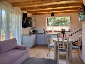 a kitchen and living room with a table and a couch at Słoneczne Dęby in Debina