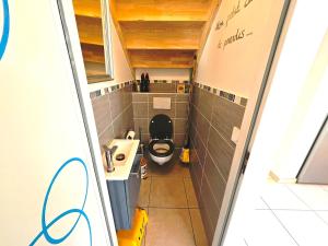 a small bathroom with a toilet and a sink at Suréquipée avec cuisine extérieure, climatisation in Pontcharra +42 photos