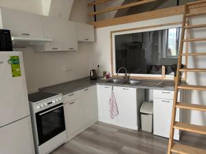 シュムペルクにあるApartmán u bazénuの白いキャビネット、シンク、はしご付きのキッチン +13枚の写真