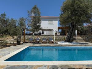 a swimming pool in front of a house at Villa Afroditi, Skiathos, Kalivia, Greece in Skiathos National Airport