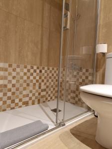 ein Badezimmer mit Dusche, Toilette und Waschbecken in der Unterkunft Málaga Centro in Málaga