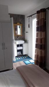 ein Badezimmer mit einem Bett, einem Waschbecken und einem Spiegel in der Unterkunft Chalé Luxuoso de Hospedes in Teresópolis