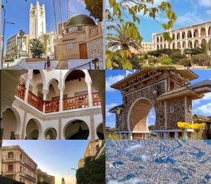 a collage of pictures of buildings and a mosque at Le Fabuleux Mazagran in Mostaganem