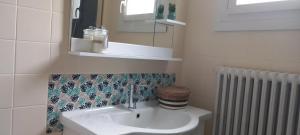 ein Badezimmer mit Waschbecken, Spiegel und Heizkörper in der Unterkunft Maison Cosy avec Terrasse à Vallenay in Vallenay + 10 Fotos
