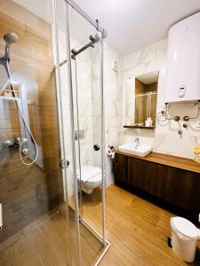 a bathroom with a shower and a toilet and a sink at Penthouse Studio Borovi in Divčibare +26 photos