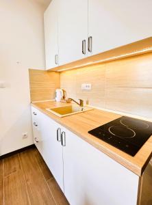 a kitchen with white cabinets and a sink at Penthouse Studio Borovi in Divčibare