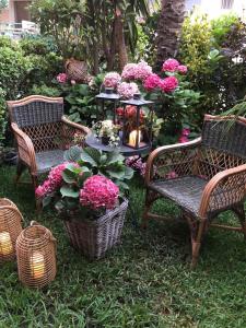 a garden with two chairs and a table with flowers at Maisonette on the beach with small garden in AgiaKampos