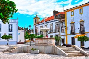 una fontana nel mezzo di una città con edifici di Title e Title - Alentejo a Monforte