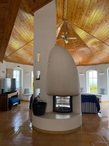 ein Wohnzimmer mit einem Kamin und einer Holzdecke in der Unterkunft Villa Ferreirinha in Santa Cruz das Flores + 32 Fotos