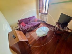 a living room with a purple couch and a tv at La Casetta "UnaNotteaCasaMia" in Sacrofano