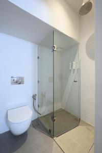 a bathroom with a toilet and a glass shower stall at ANOTERRA VILLAS -Astris in Ambelas