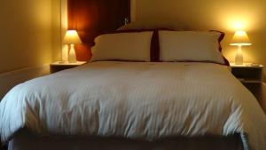 a bedroom with a white bed with two lamps at Gortnaboul House in Kilgarvan