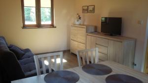 a living room with a couch and a table and a television at Domki letniskowe PLUSK in Drawno