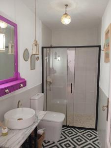 a bathroom with a toilet and a sink and a shower at Casa Rural la Sierra del Viento in Guadalcanal