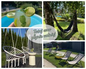 kolaż zdjęć z drinkiem i hamakiem w obiekcie WILLA MAGNOLIA - Apartamenty i Pokoje - ROWERY, POKÓJ ZABAW, KAWA Z EKSPRESU w mieście Jantar