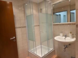 a bathroom with a sink and a glass shower at Loki's Apartment in Bregenz +9 photos