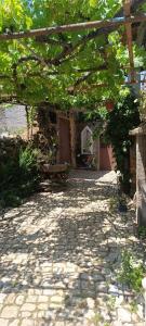 a stone walkway with a bench under an archway at Casa do Forno in Sobreira Formosa