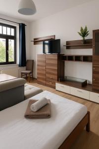 a bedroom with two beds and a tv and a bed sidx sidx sidx at Geräumiges Apartment mit Balkon & 2 Parkplätze in Chemnitz