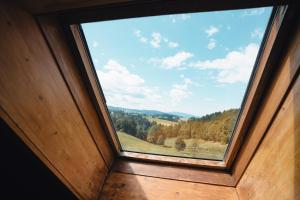 una ventana en una habitación con vistas a un bosque en Idyllisches Maisonette-Apartment, en Sankt Märgen