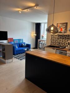 a living room with a kitchen and a living room with a couch at Indigo Apartment in Kassel