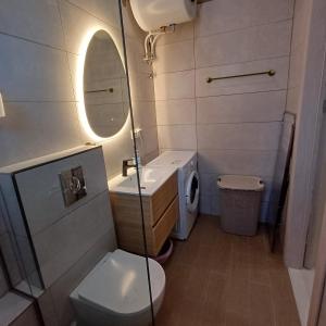 a bathroom with a toilet and a sink and a mirror at Central Modern Living Apartment 1 in Eleftheroúpolis