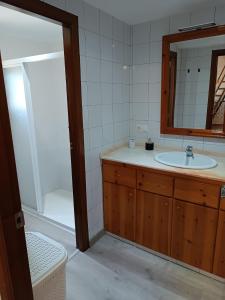 a bathroom with a sink and a shower and a mirror at Casa Laura in Deltebre