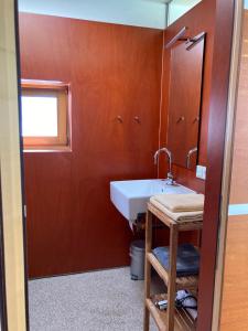 a bathroom with a white sink and a mirror at Ferienwohnung Hempfling in Rostock