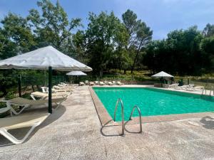 a swimming pool with lounge chairs and an umbrella at Apartamentos Rurales el Chaparral in Arroyo Frio
