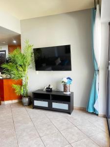 ein Wohnzimmer mit einem Flachbildfernseher an der Wand in der Unterkunft Las Palomas Beach & Golf Resort in Puerto Peñasco