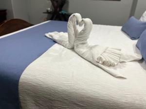 two swans made out of towels on a bed at Las Palomas Beach & Golf Resort in Puerto Peñasco