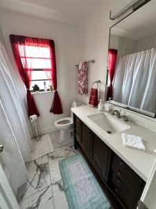a bathroom with a sink and a mirror and a toilet at Duplex on CANAL all updated new furniture in Rotonda West