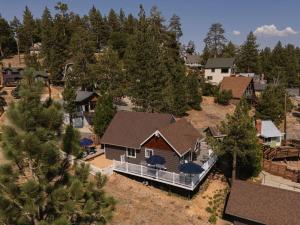 een luchtzicht op een huis in een bos bij Blissful Bay Cabin in Big Bear Lake