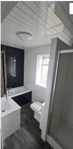 ein Badezimmer mit Toilette, Waschbecken und Spiegel in der Unterkunft 4 Bed Family & Work Ready Home in Ponders End