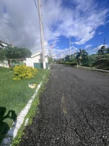 an empty road in a residential area with a cloudy sky at Blue Laventura condo near HWT in Kingston
