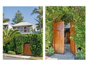 ヤンバにあるVilla Kalinya! Beachside Treehouse Oasisの木製の門と家の2枚の写真