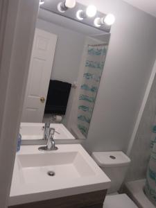 a bathroom with a sink and a mirror and a toilet at Furnished calm basement studio apartment in Mississauga