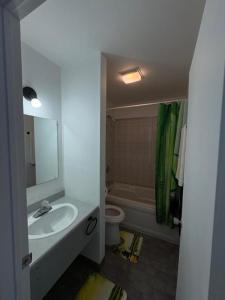 un bagno con lavandino, WC e specchio di Motel Le Villageois Du Lac a Saint-Francois-du-Lac